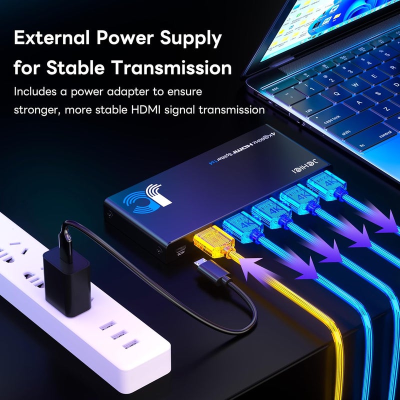 JCHICI موزع HDMI 4K 1x4 لجهاز PS5/Xbox/Apple TV - HDMI 2.0 4K@60Hz HDR10 ورؤية دولبي، 1 مدخل 4 مخارج مع أوضاع EDID (تلقائي/نسخ/تقليل الحجم)، HDCP 2.2، 18Gbps لمسرح منزلي/إعداد متعدد الشاشات - Image 5